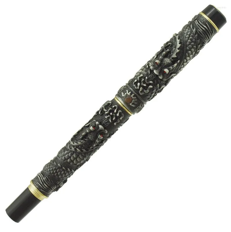 Jinhao gris Vintage luxueux stylo roller petit Double Dragon jouant perle métal sculpture gaufrage Collection lourde