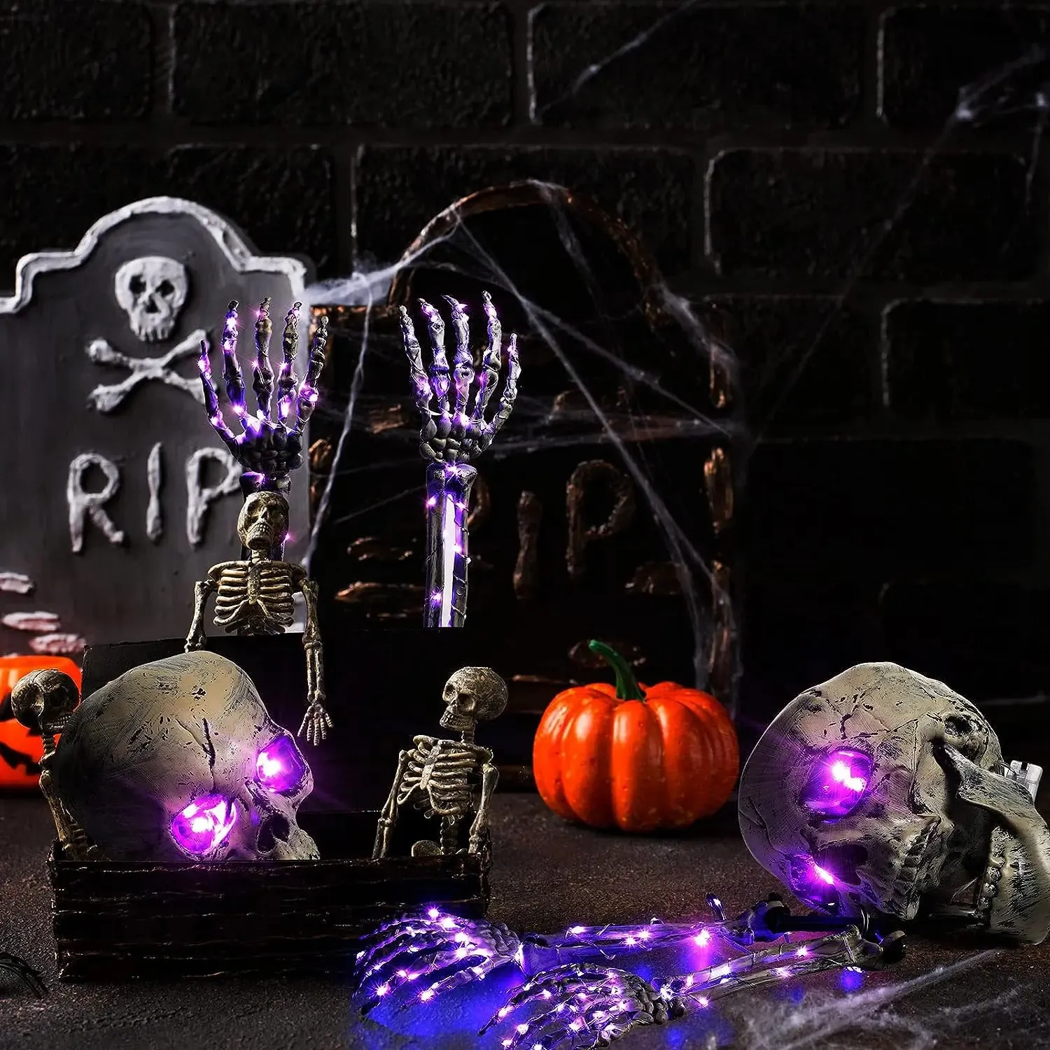 Halloween-Skelett-Set Mit Leuchtendem Totenkopf & 2 Händen – LED-Lichter, Gruselig Realistisch Für Garten-Deko