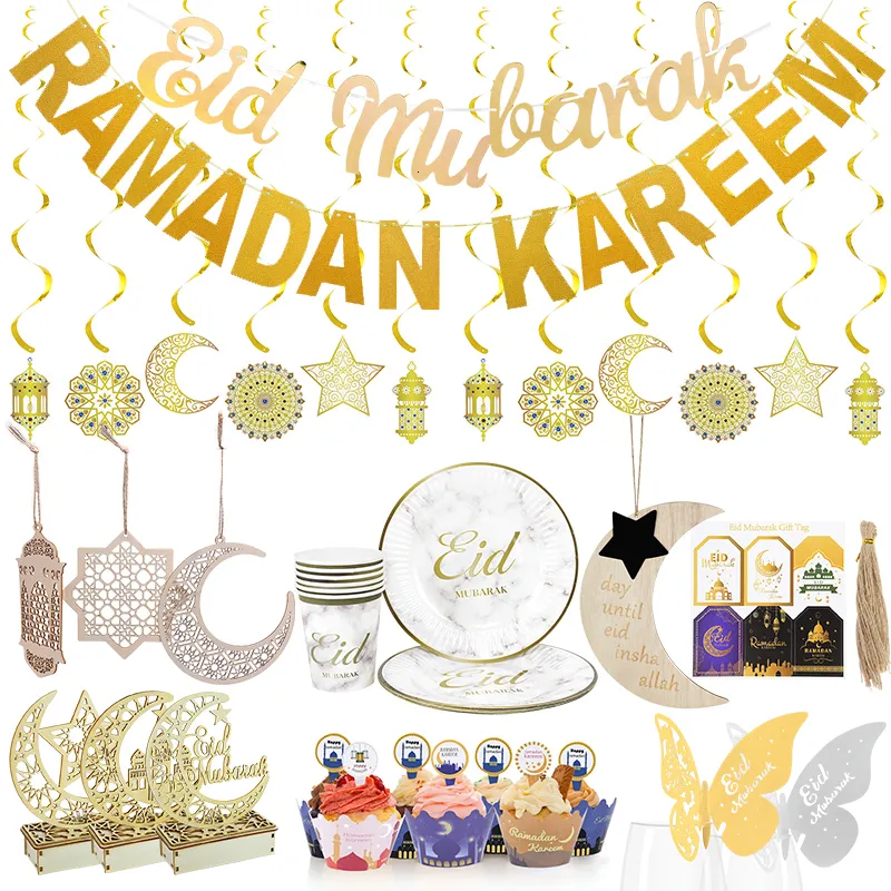 Otro evento Suministros para fiestas Ramadán Decoración Banner Globos Eid Mubarak Vajilla desechable Plato de papel Taza Islámica Musulmana Vacaciones 230422
