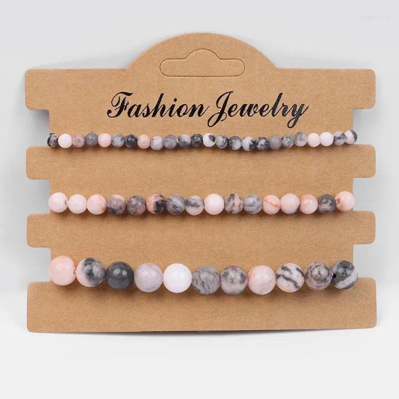 Strand 3 pièces ensemble de bracelets en pierre de zèbre rose naturel 4/6/8MM perle ronde extensible avec carte bijoux cadeaux pour femmes hommes