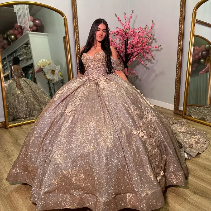 Goud Glanzend Sweetheart Quinceanera Jurk 2024 Uit De Schouder Bloemen Bloemen Kant Kralen Sweet 16 15 Jurk Vestidos De XV anos