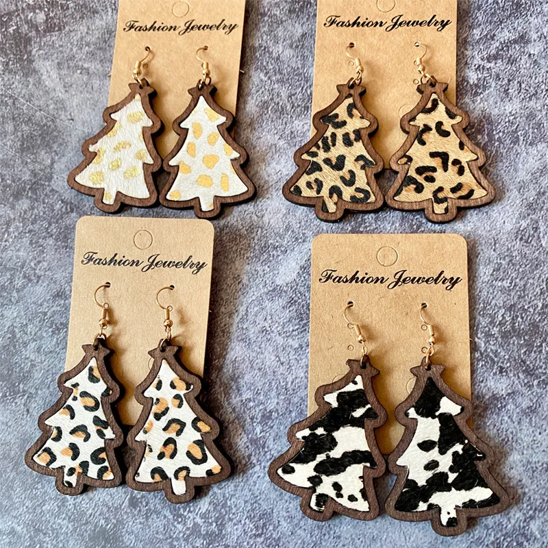 S3865 Fashion Jewelry Christmas Tree Shape Wooden Dangle Earrings For Women Bohemina Horsehair Inlaid Leather Earrings