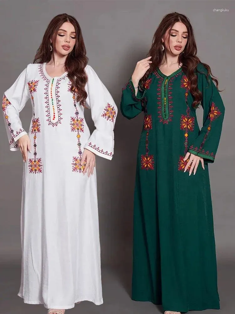 Etnik Giyim Zarif Nakış Müslüman Elbise Kadınlar İçin Jalabiya Abaya Ramazan Uzun Elbiseler Abayas Kadın Kimono Robe Fas Kaftan