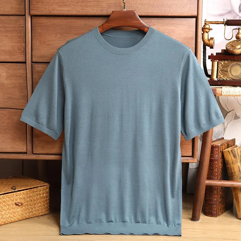 Men's T Shirts Summer Thin Wool Solid Color Round Neck Short-sleeved Sweater Korean T-shirt Men's Knitting Top