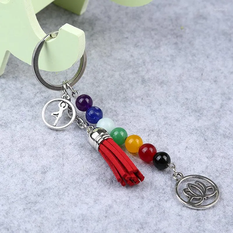 Keychains Trendy Colorful Natural Stone Beads Crystal 7 Chakras Energy Yoga Fitness Key Chains Lotus Tassel Charm Rings Jewelry Gifts