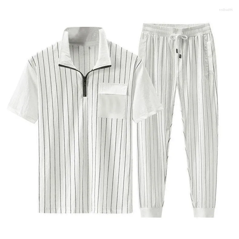 Men's Tracksuits Mens Pants Sets Striped Collar Summer Ice Silk Sports Short-sleeved T-shirt Thin Breathable Two-piece Casual Wear White