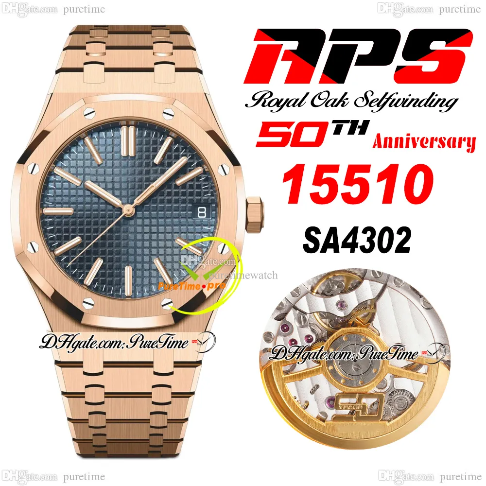 APSF 1551 50. rocznica SA4302 Automatyczne męskie obserwowanie Rose Gold Ultra cienki niebieski Tekstrutowa bransoletka Bransoletka Super Edition RelOJ Hombre Montre Homme Puretime G7