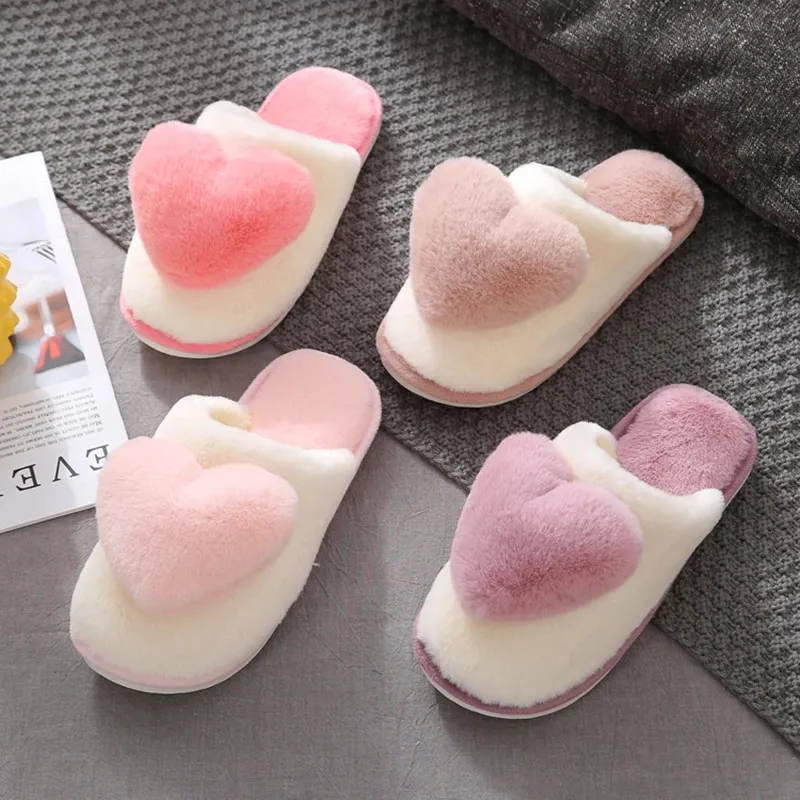 Slippers Lovely Love Ladies Cotton Slippers Winter Home Non-Slip Thickened Warm Flat Shoes Imitation Rabbit Hair Comfortable Soft Slides 231123