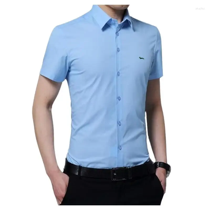 Camisas de vestido masculinas de verão homens casuais algodão de algodão curto bordado marca masculina blusas sólidas harmont blaine