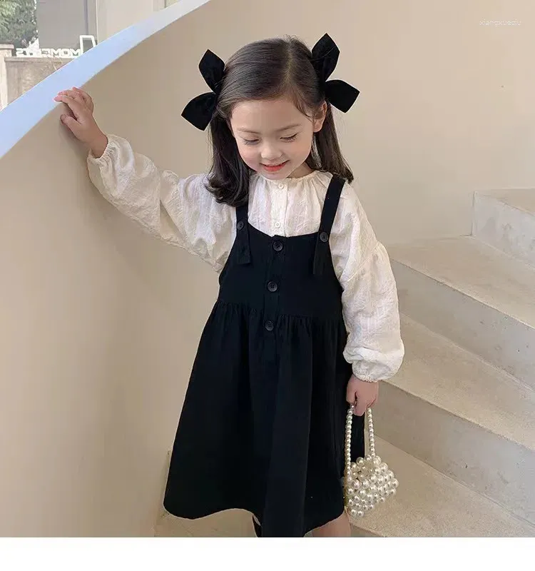 Clothing Sets Girls' Dress 2023 Spring And Autumn Korean Children's Strap Fashion Bubble Sleeve Long 2-Piece Set