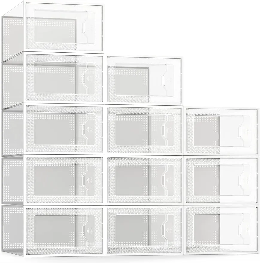 SEE SPRING Large 12 Pack Shoe Storage Box, Clear Plastic Stackable Shoe Organizer for Closet, Space Saving Foldable Shoe Rack Sneaker Container Bin Holder