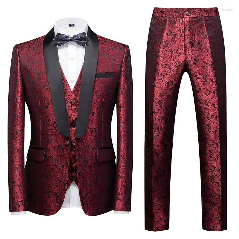 Herenkostuums Luxe Koningsblauw Jacquard Pak Set Voor Mannen Bruiloft Bruidegoms Mariage Outfit Avonddiner Gastheer Slim Fit Blazer Vest Broek