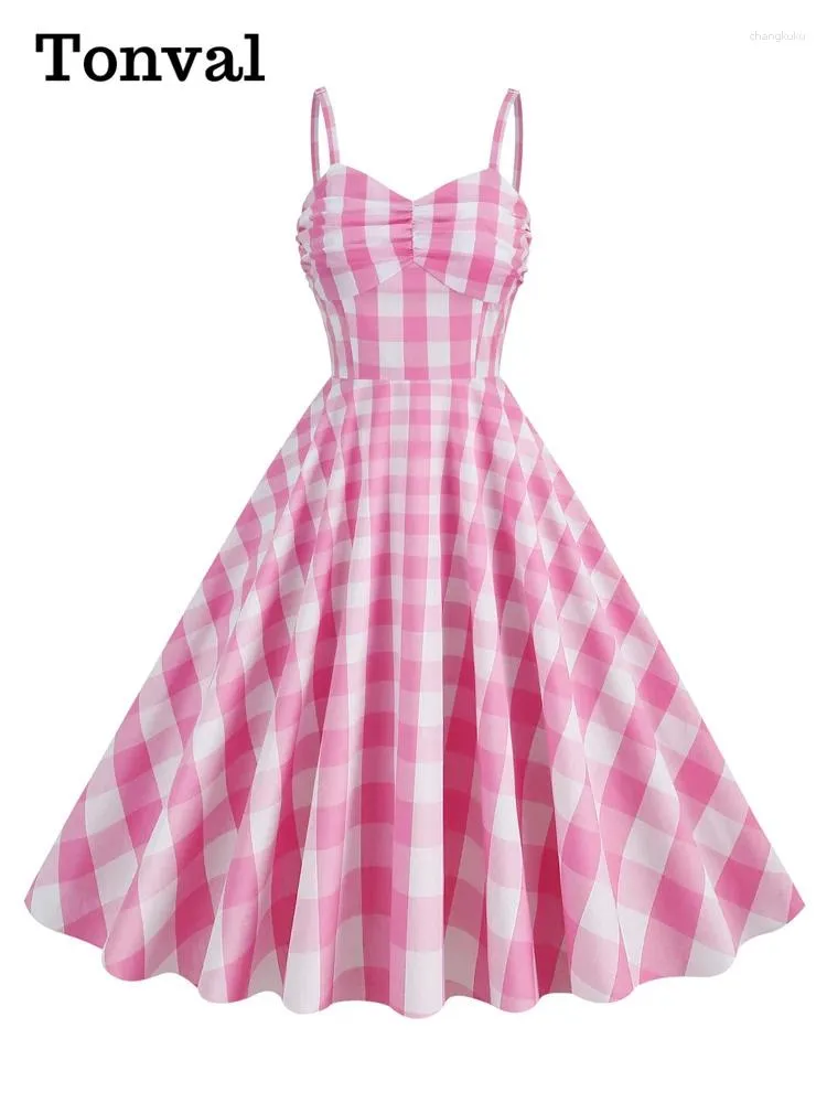 Casual jurken Tonval Vintage roze gingham lange jurk spaghettibandjes ruches voorkant hoge taille dames zomer verjaardagsfeestje retro swing