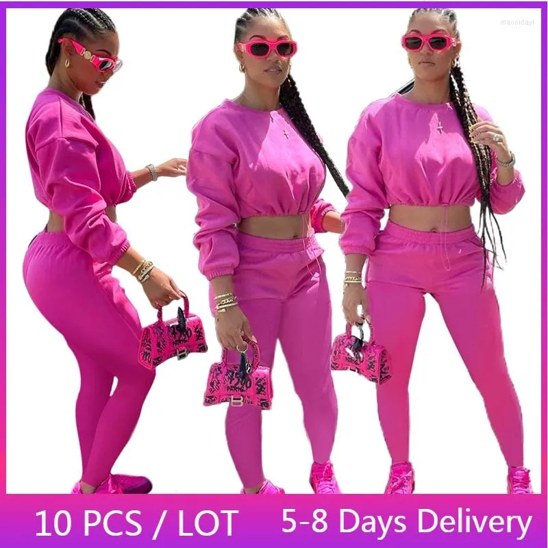 Женские брюки с двумя частями оптовые предметы Fuchsia Sweat -Suits for Women Fall Casual Set Sportswear Пуловая толстовка и спортивные штаны.