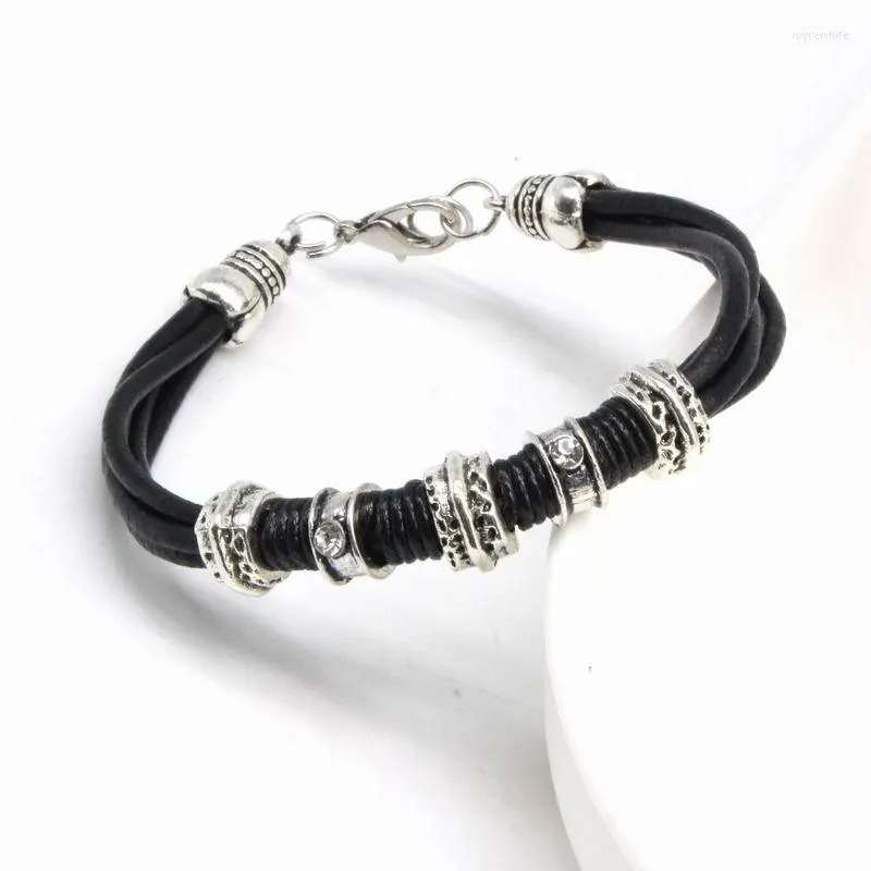 Bracelets de charme 2023 Vintage Rhinestone Circles Bracelete de corda de couro para homens Jóias de jóias Punk Presente masculino