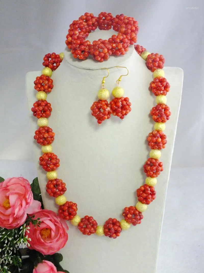 Necklace Earrings Set ! Gorgeous Red Coral Beads Ball Wedding African Nigerian Jewelry