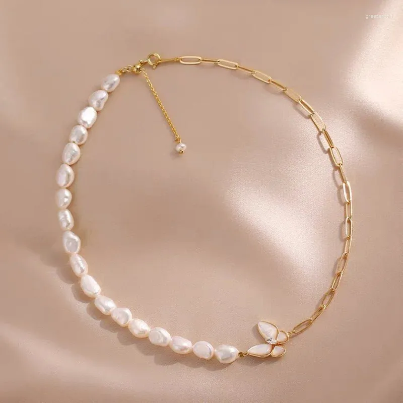 ALLME Classique Perle D'eau Douce Colliers De Perles Pour Les Femmes Blanc Coquille Naturelle Papillon Asymétrie Lien Chaîne Sautoirs Collier