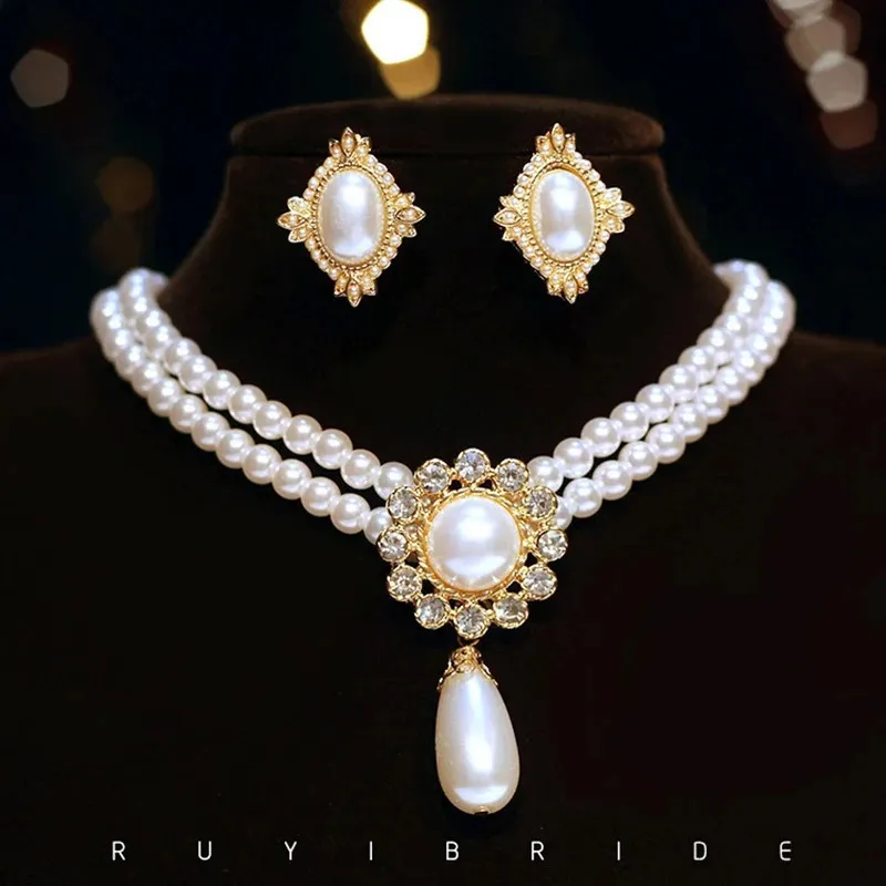 Chokers Shmik Elegant Vintage Full Pearl Pendant Necklace Chains örhängen för Women Lady Classic Exquisite Chorker smycken 231123