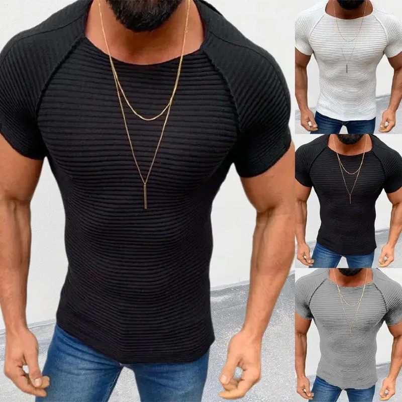 Jaquetas masculinas Camisa de malha de malha/verão Homem cor sólida cor de gola redonda de manga curta de manga curta Muscle mass