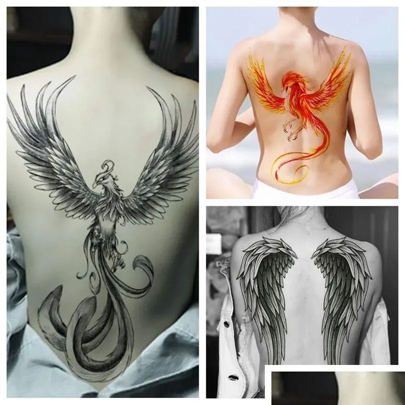 Temporary Tattoos Fl Back Womens Fake Tattoo Angel Wing Phoenix Bird For Boys Men On Body Art Wife Waterproof Sticker Tatoo 220521 D Dhbzn