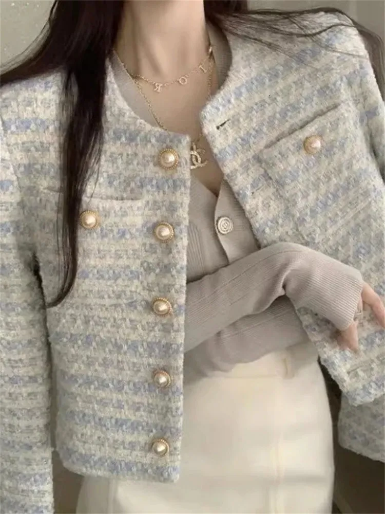 Kurtki damskie swobodne topy moda Tweed paski kurtki dla kobiet ropa mujer temperament tunik vintage koreański płaszcz damski 231123