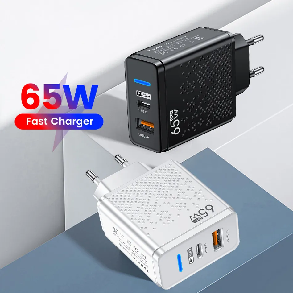 65W GaN USB C Зарядное устройство PD 5V 2.4A Быстрая зарядка дорожного зарядного устройства Type C для Samsung Iphone Pro LG US EU Plug Настенное зарядное устройство
