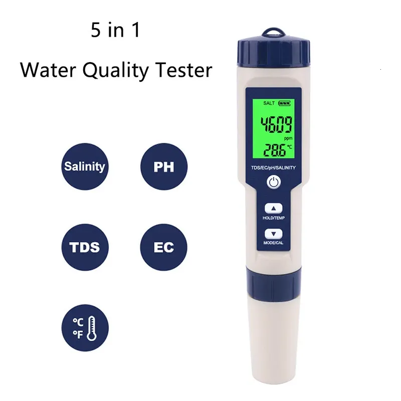 Medidores de ph 5 em 1 testador de qualidade da água digital tds/ec/ph/salinidade/medidor de temperatura para piscinas aquários detector de qualidade da água 231122