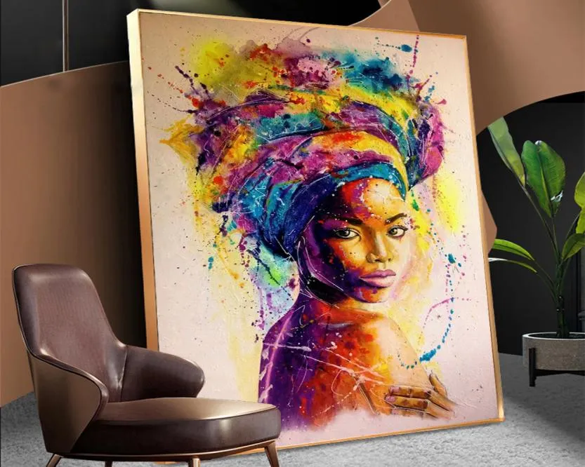 Aquarela mulher africana retrato pintura a óleo sobre tela moderna arte da parede cartaz e impressões imagens gráficas decoração do quarto 4048289