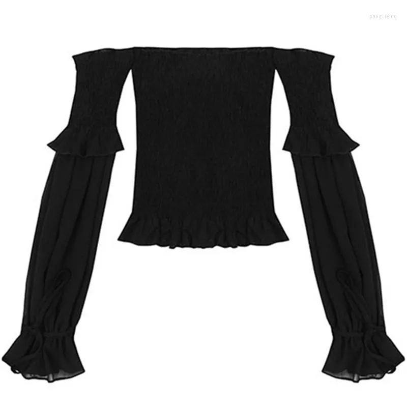 Ethnic Clothing Vintage Chiffon Blouse Strapless Slash Neck Women's Slim Long Sleeve Sexy Collarbone One Shoulder Shirt