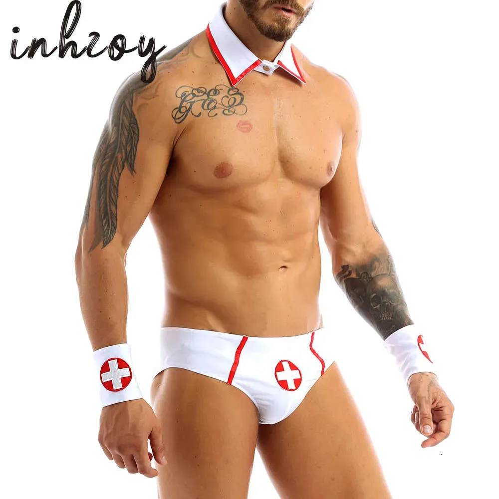 Conjunto sexy XXL Hombres Uniforme erótico Doctor Enfermera Traje de juego de rol sexy Trajes Calzoncillos con cuello y puño de cruz roja Conjunto Sissy Crossdresser 231123