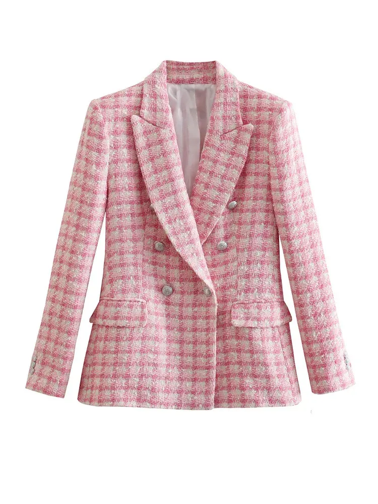 Femmes Costumes Blazers Designer Veste Rose Check Tweed Blazer Rétro Bouton À Manches Longues Poche Femmes Élégant Mode Top Femme traf 231123