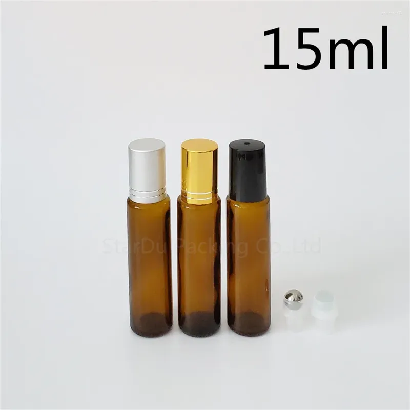 Lagringsflaskor 10 st/parti 15 ml bärnsten rulla på parfymflaska 15cc eterisk olje rullon liten glas rullbehållare