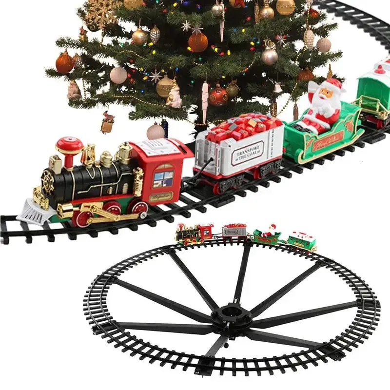 Forniture di giocattoli di Natale Decorazione dell'albero di Natale Telaio del binario del treno Vagone ferroviario con vagone ferroviario leggero sonoro Regali di Natale Treno di Natale Giocattoli elettrici 231124