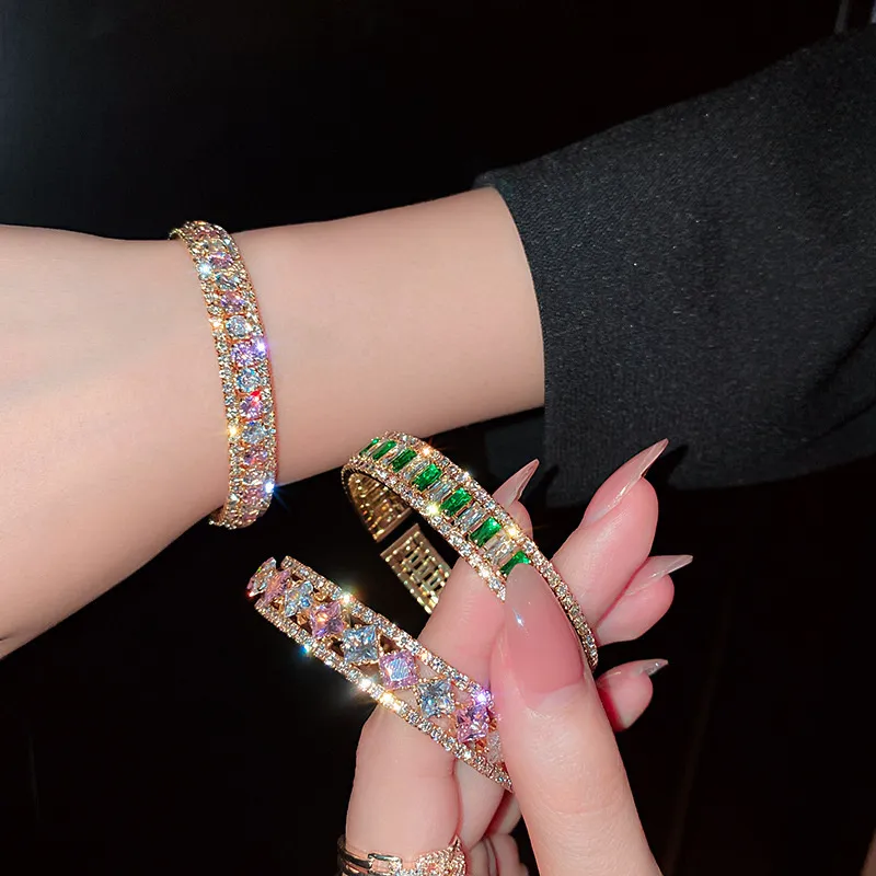 Brazalete FYUAN, pulsera geométrica de circón, brazaletes para mujer, pulseras de cristal rosa y verde, joyería para fiesta de bodas 230424