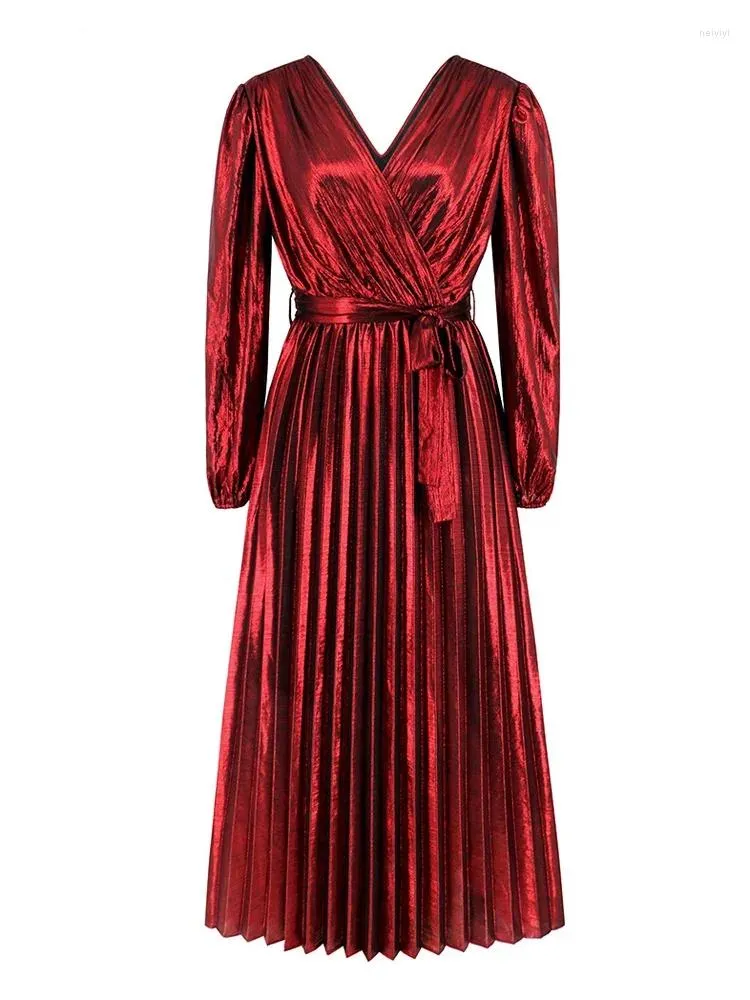 Robes décontractées Col en V Taille Haute Métallique Maxi Vintage Robe Femmes Bal Banquet Élégant À Manches Longues Sexy Parti Plissé Vestdios Robe