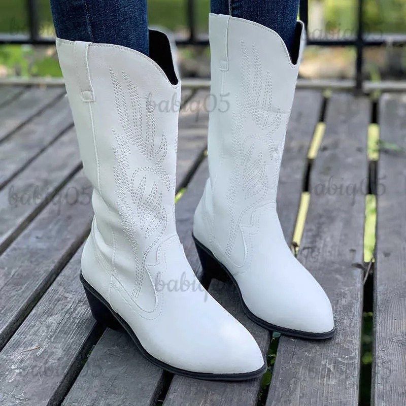 Laarzen Geborduurde Witte Westerse Laarzen Vrouwen 2023 Herfst Slip Op Hoge Hakken Cowboy Laarzen Vrouw Plus Maat 43 Puntige Neus mid Kuit Botas T231124