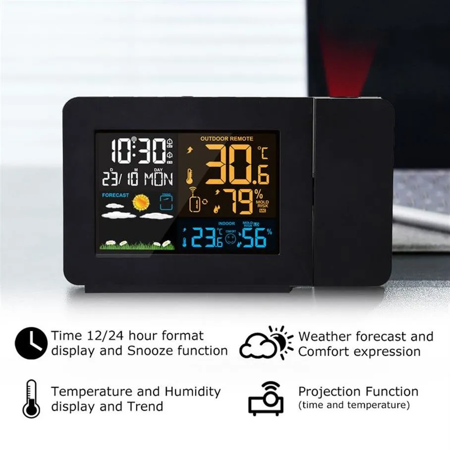 Fanju Digital Alarm Station LED Temperaturfuktighet Väderprognos Snooze Table Clock med Time Projection Y200407263N