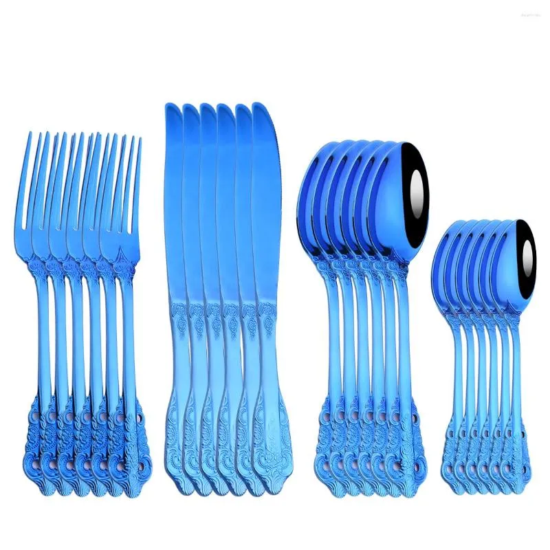 Set di stoviglie 24PCS Posate in acciaio inossidabile Coltello Forchetta Cucchiaio Set da tavola Blu Cucina Cena Posate Specchio Argenteria