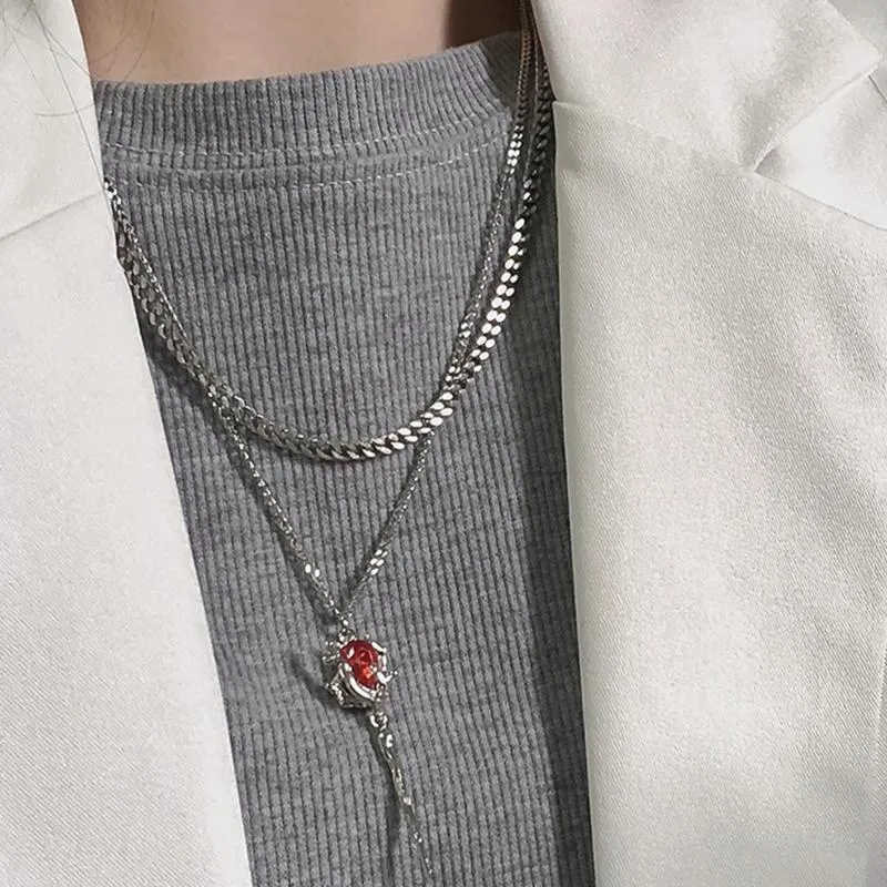 Pendant Necklaces Double Layer Irregular Red Zircon Rose Y2K Layered Chain Necklace Flower Stone Aesthetic Jewelry Gifts