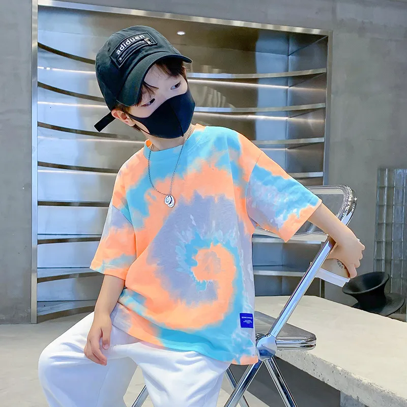 T shirts Summer Fashion Boys Tie Dye Korean Short Sleeve Streetwear Clothes Tshirt Top Tees Size 4 5 7 9 11 13 14Years 230422