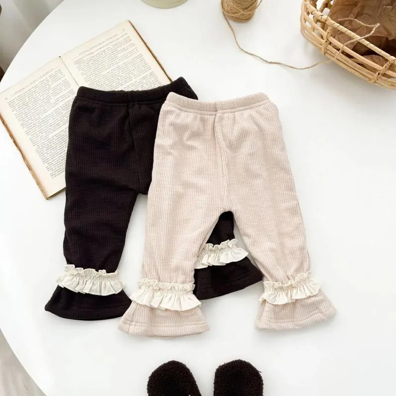 Spodnie jesienne zima Urodzone żebrowane polarowe ciepłe legginsy dziewczyna solidna marszczenie plus aksamit grube but botowy mody bawełniane spodnie