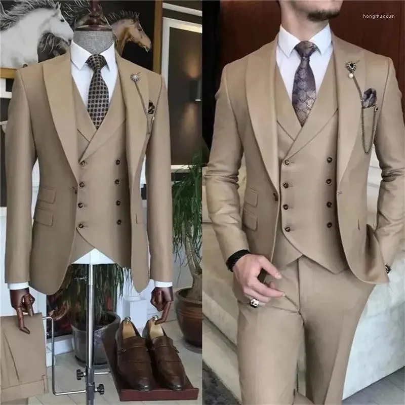 Men's Suits Business Khaki Formal Slim Fit 3 Piece Wedding Groom Terno Masculino Custom Male Blazer Hombre Jacket Vest Pant Sets