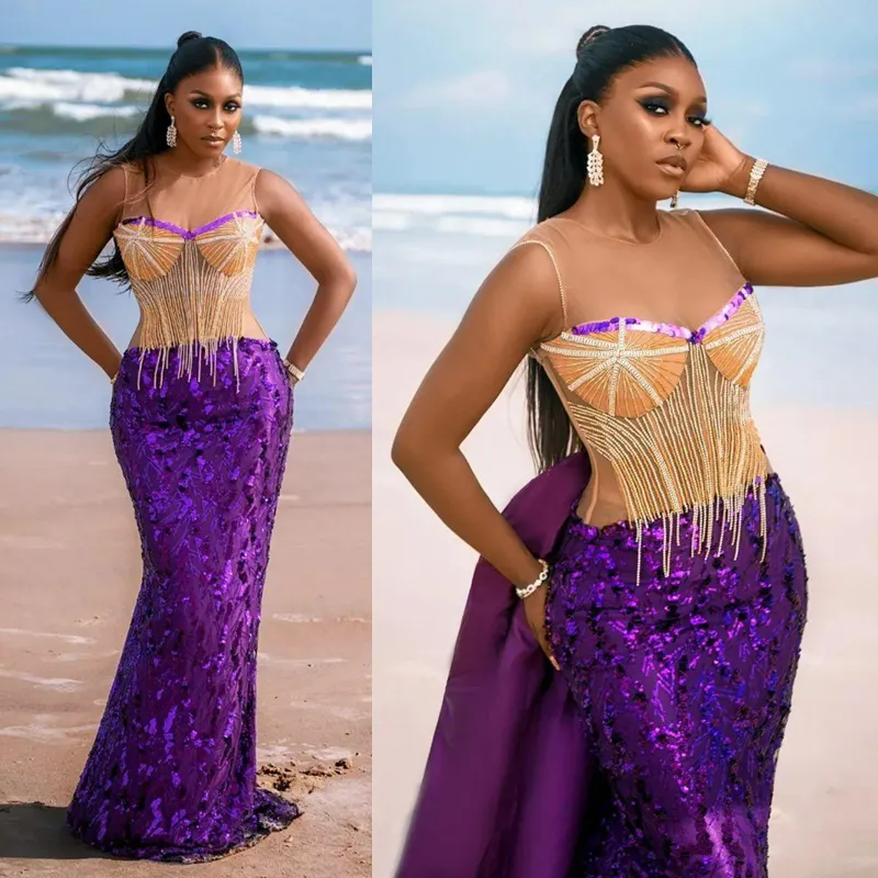 2023 Aso Ebi Purple& Gold Mermaid Sheer Neck Beading Prom Dress Tulle Party Evening Second Reception Birthday Engagement Nigeria Style Gowns Dresses AM011