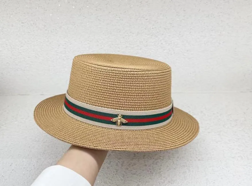 한국 조수 작은 꿀벌 여성 여름 패션 선 스크린 탑 모자 유럽과 미국 크로스 국경 컬러 웨빙 플랫 엣지 여행용 밀짚 모자