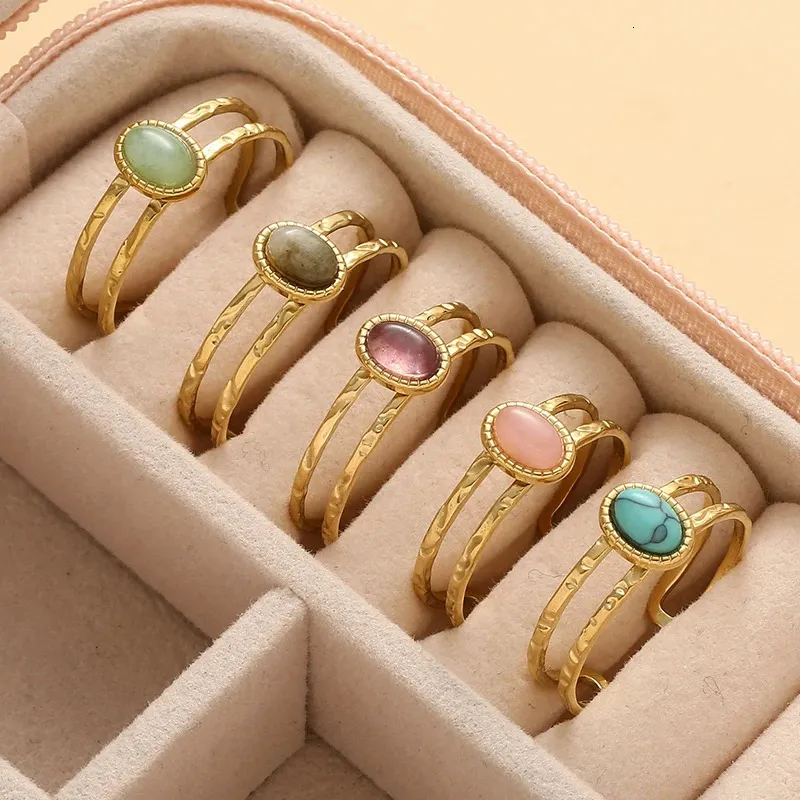 Band Rings Inlaid Natural Stone Stainless Steel Engagement for Women Adjustable Opening Simplicity Vintage Ring Fashion Jewelry 231123