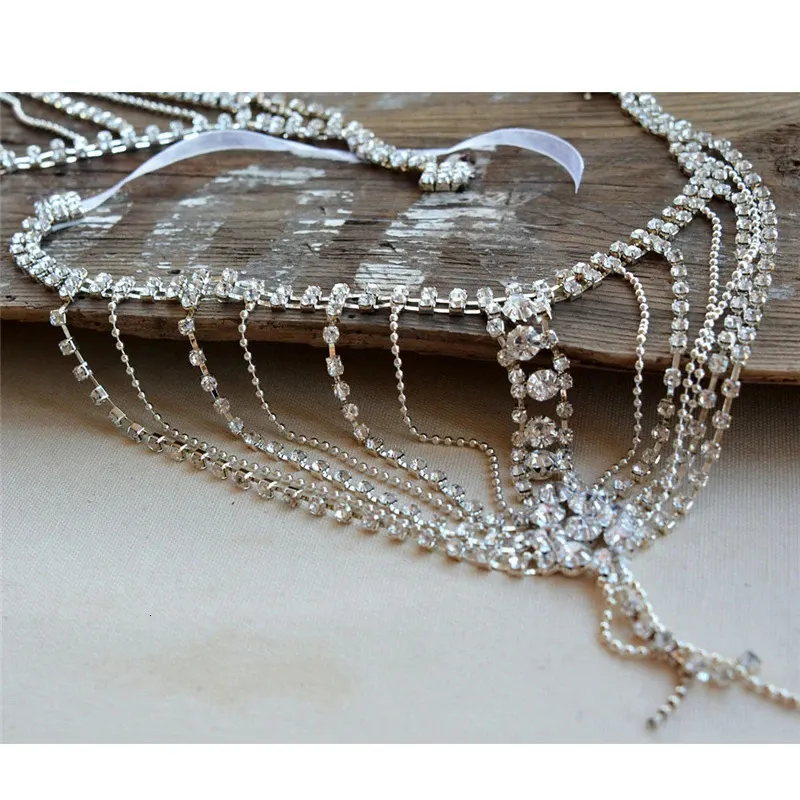 Multilayer Rhinestone One Shoulder Chain silver kundan choker with Crystal Tassel - Boho Wedding Wedding Jewelry Wholesale