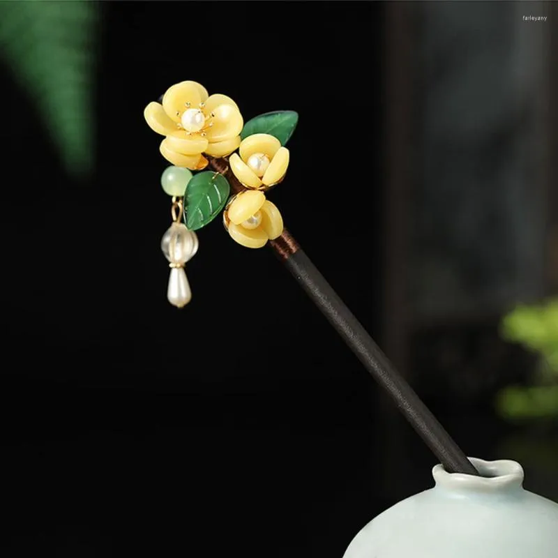 Hair Clips Chinese Sticks Hairpins Yellow Flower Wooden Hanfu Decor Accessories Girls Ancient Bun Chopsticks Jewelry