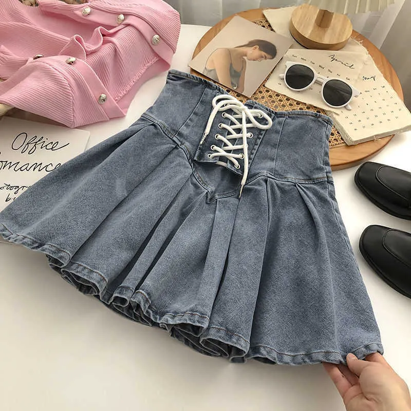 Skirts Girl Elastic Jean Pleated Skirt Y2k Lace Up Miniskirt Women Korean Style Aesthetic Ruffles Denim Hippie Skirts Summer Streetwear P230422