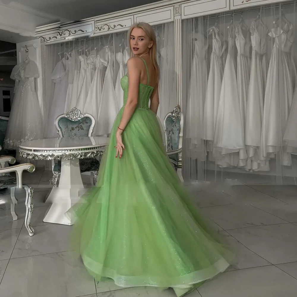 green emerald velvet dress Zapaka Women Dark Green Prom Dress Tulle Spaghetti Straps A Line Evening Dress with Slit, Dark Green / US16