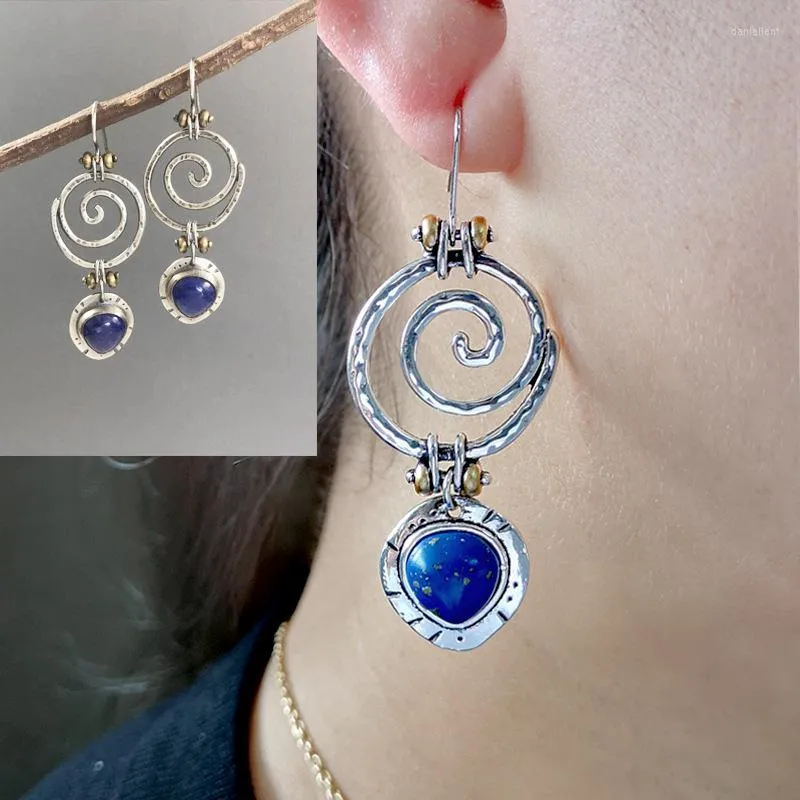 Boucles d'oreilles pendantes Vintage spirale creuse bleu pierre goutte femmes bijoux ethniques métal Antique couleur argent tourbillon crochet cadeau